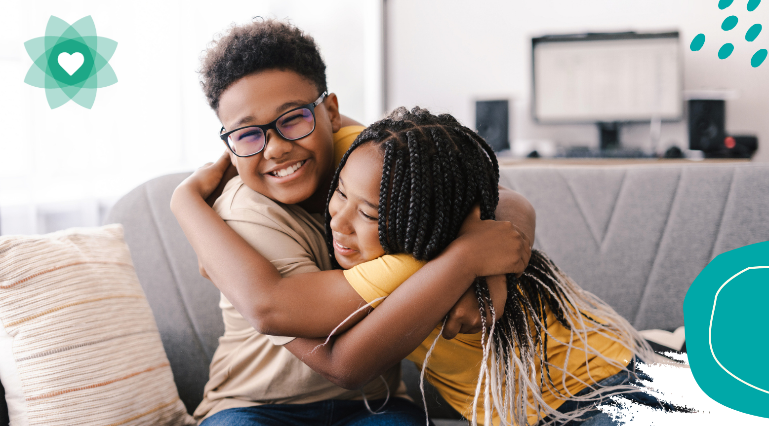 Siblings hugging and happy