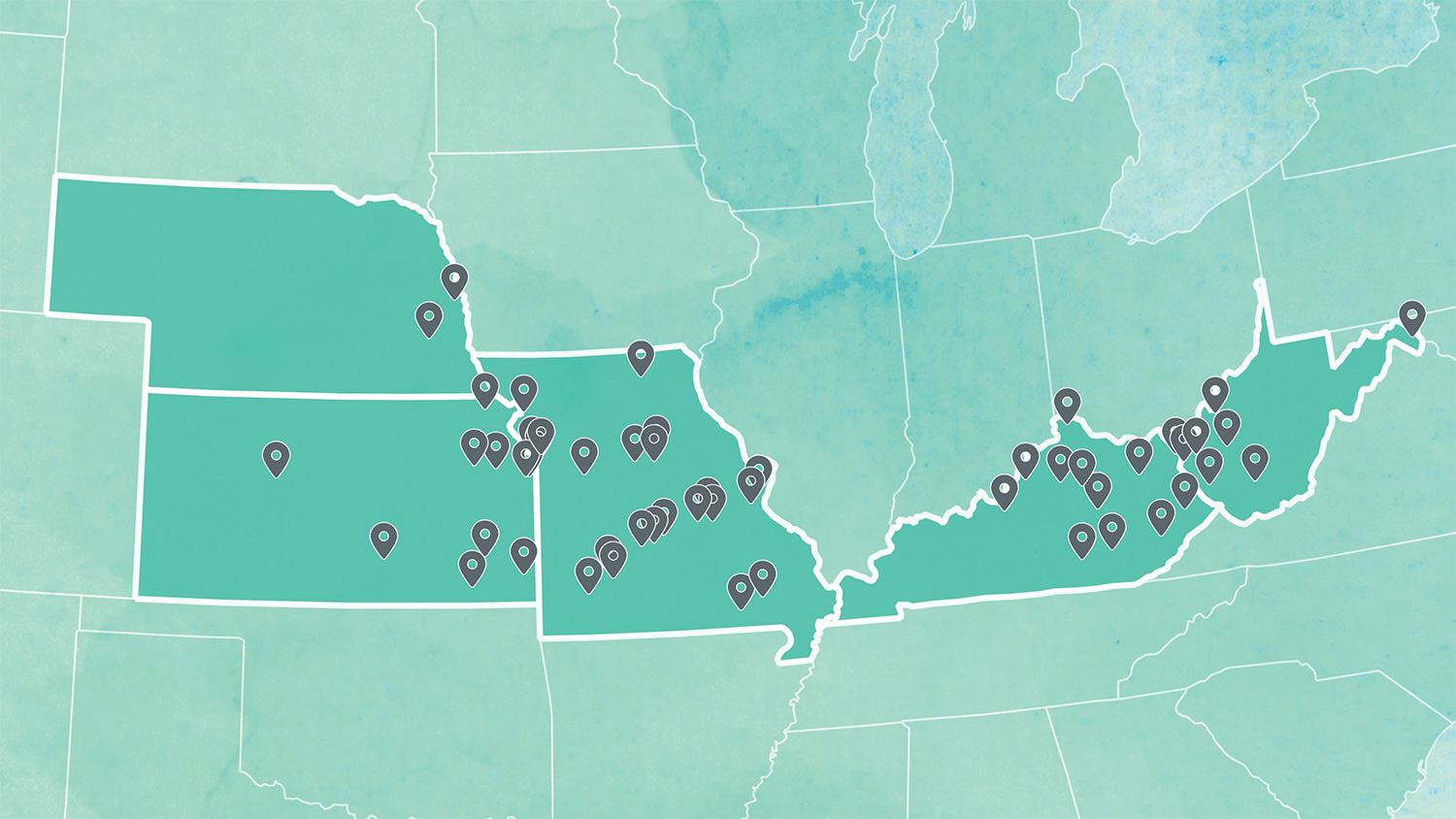Static map of all KVC Health Systems locations with location markers