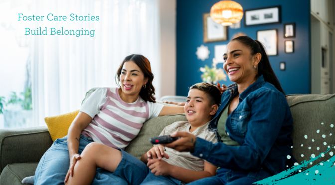 Foster mothers with son watching tv.