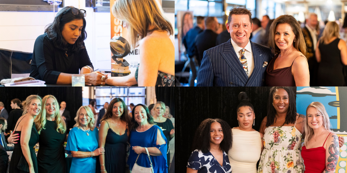 Colorful photo collage of Essential Henna, Rob and Jennifer Welker, Linsdsey Stephenson, Erin Keltner, Renny Arensberg, Gina Klayachkin and Sherri Loe as well as KVC staff and volunteers at KVC's 2026 Gala Around the World