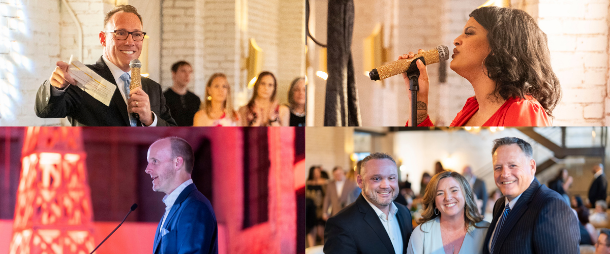 Colorful photos of Jason Hooper, Brian Dunn, Chloe McFadden and Kim O'Connor-Soule at KVC's 2026 Around the World Gala