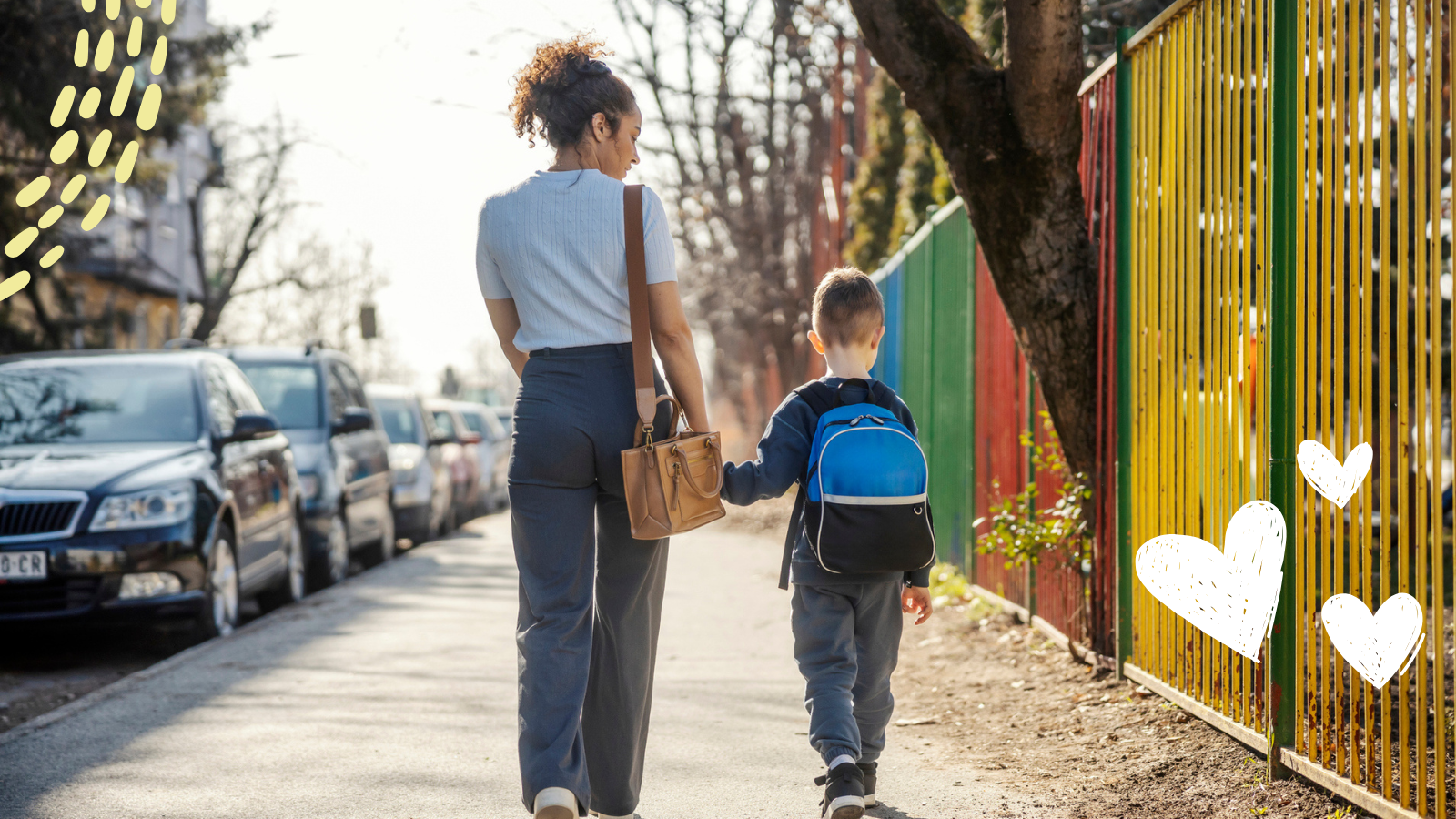 woman taking child to school.