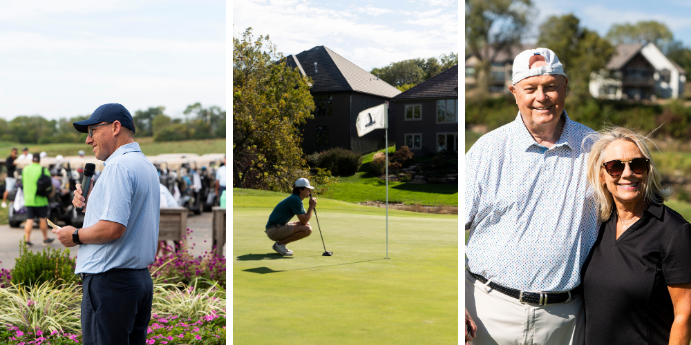 Three photos from the 2026 KVC Kids Classic showing a speaker addressing golfers, a golfer lining up a putt and two attendees posing together.