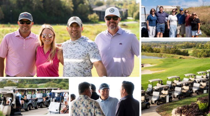 Photo collage of golfers posing together, socializing and gathering near golf carts at the 25th Annual KVC Kids Classic.